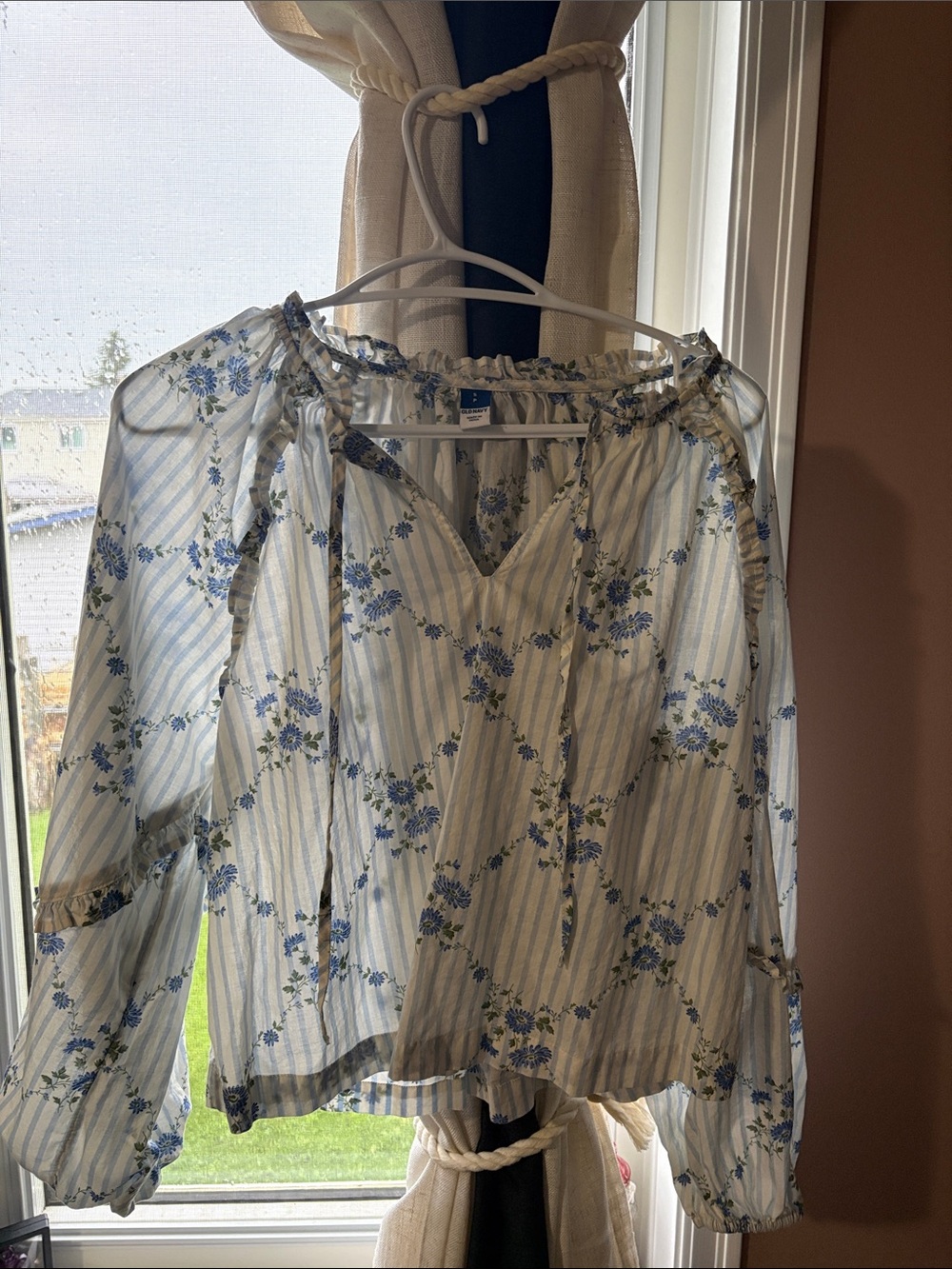 Old Navy Blue and White Floral Stripe Peasant Top